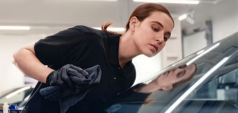 Audi technician in a service bay inspecting the hood of a vehicle