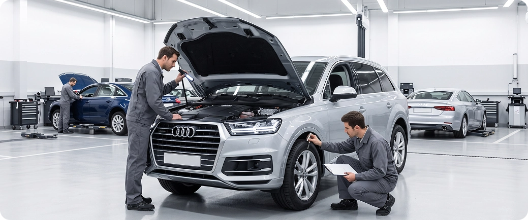 Two Audi Stuart technicians inspecting a silver Audi Q7 with its hood open, one checking the engine and the other crouching at the front wheel with a clipboard