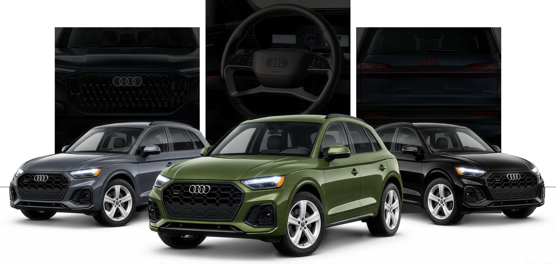 Three 2026 Audi Q5 SUVs in grey, green and black arranged on a black background