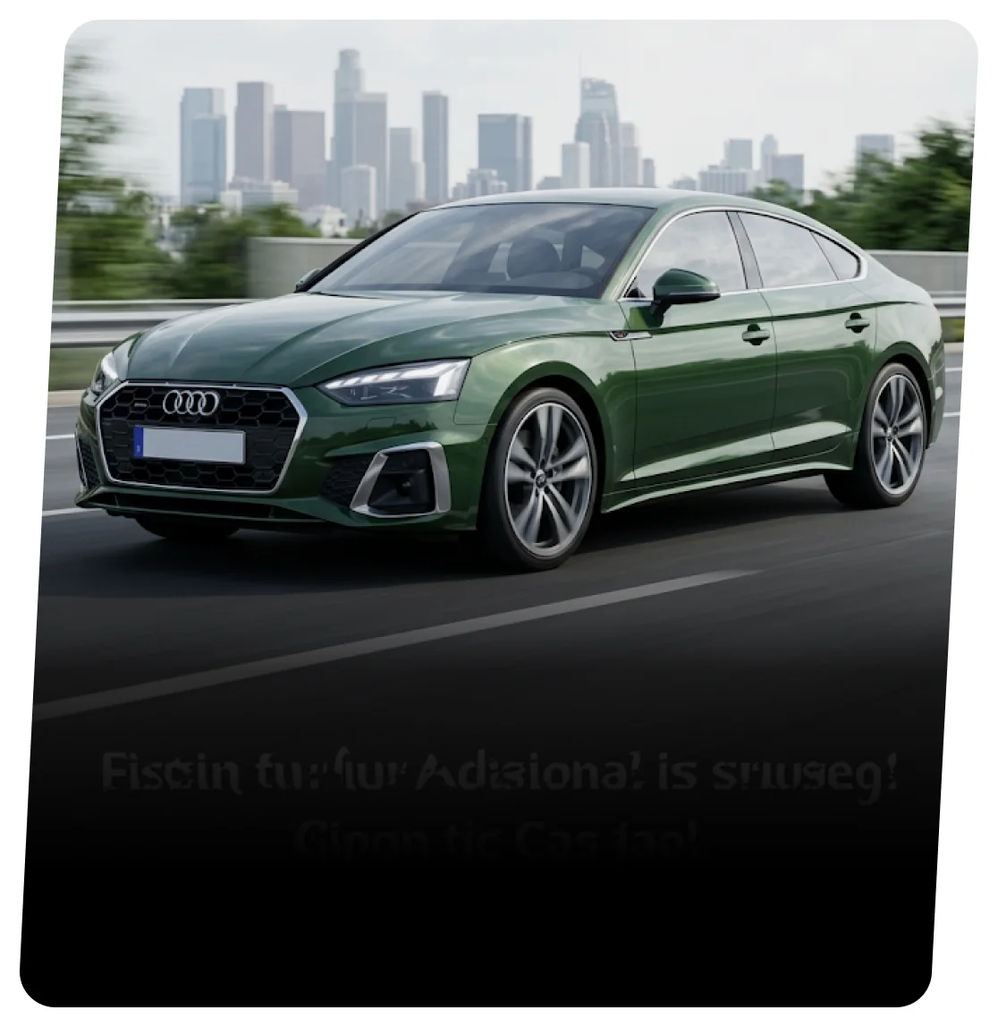 Green Audi hatchback driving on a highway with a city skyline behind