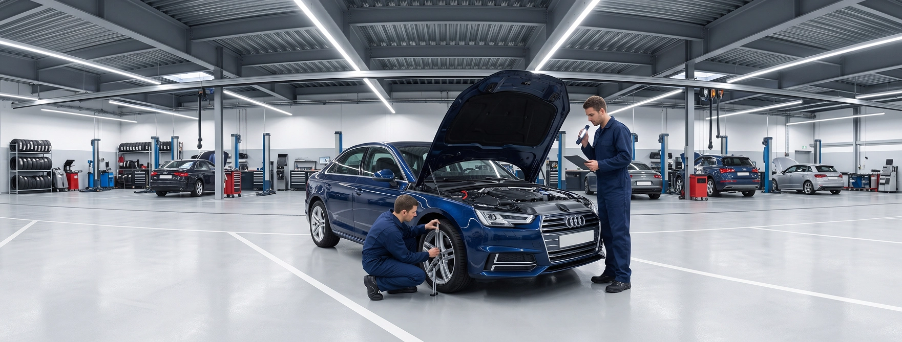 Two Audi Stuart technicians inspecting a dark blue Audi A4 with its hood raised in the service shop, one kneeling to check a front tire while the other reviews a checklist