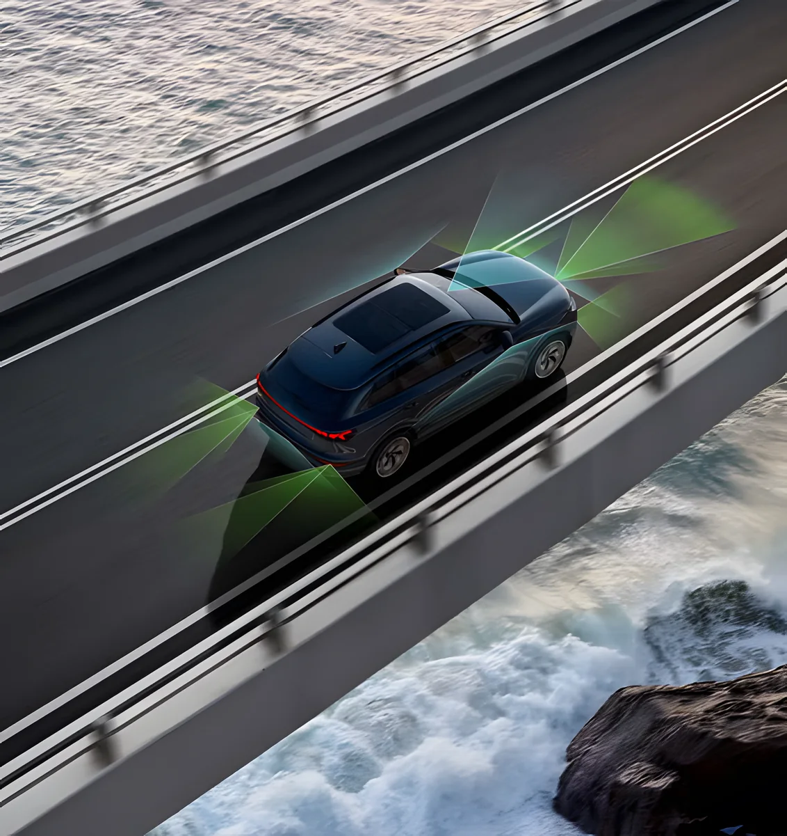 Audi Q6 e-tron on a coastal bridge with its front assist sensor fields shown in green