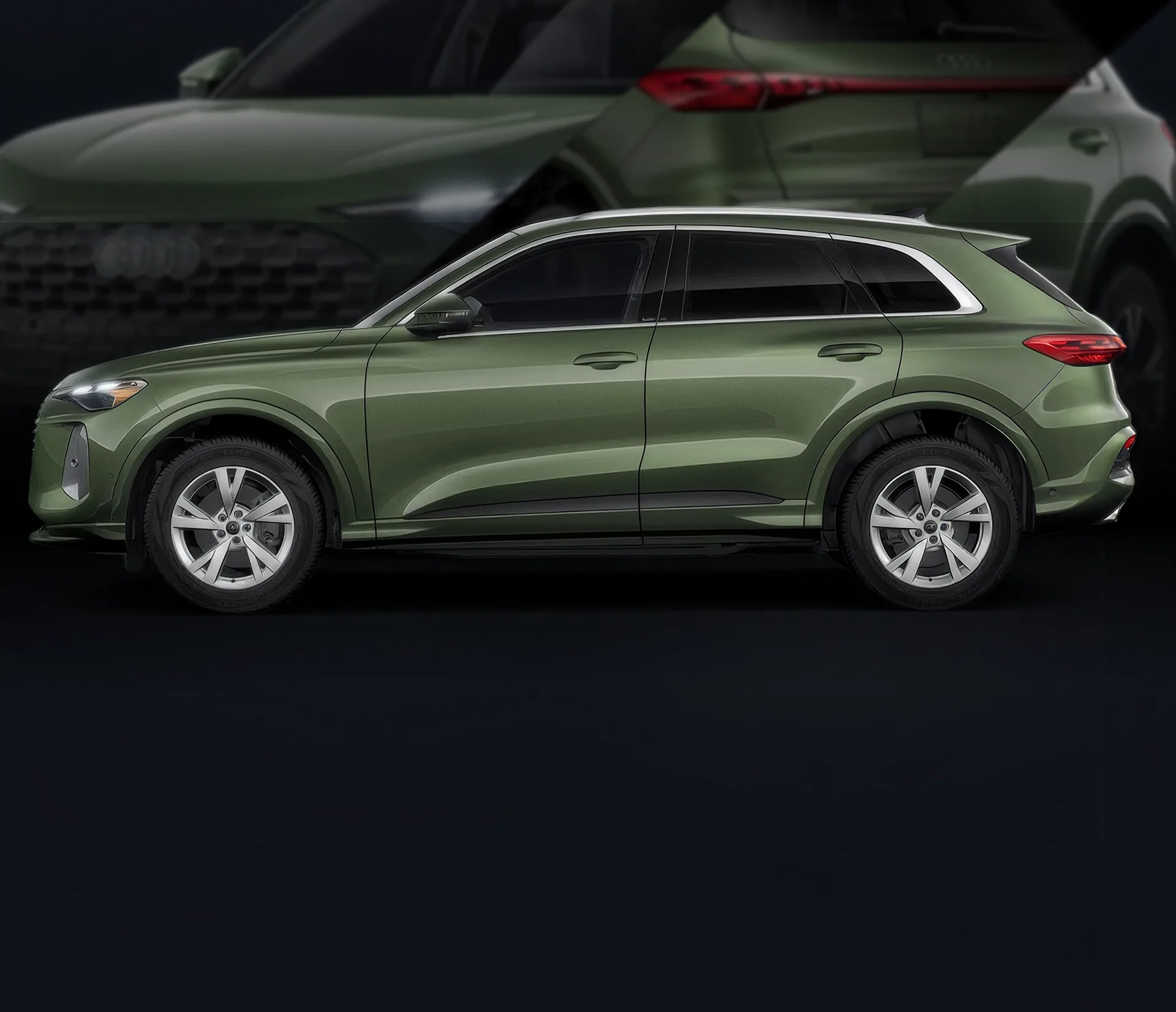 Green 2026 Audi Q5 shown in profile against a black backdrop