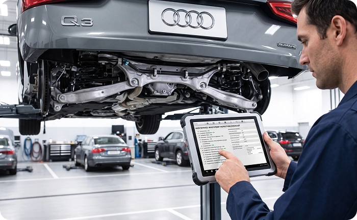 An Audi Stuart technician reviewing an inspection checklist on a tablet beneath a lifted silver Audi Q3