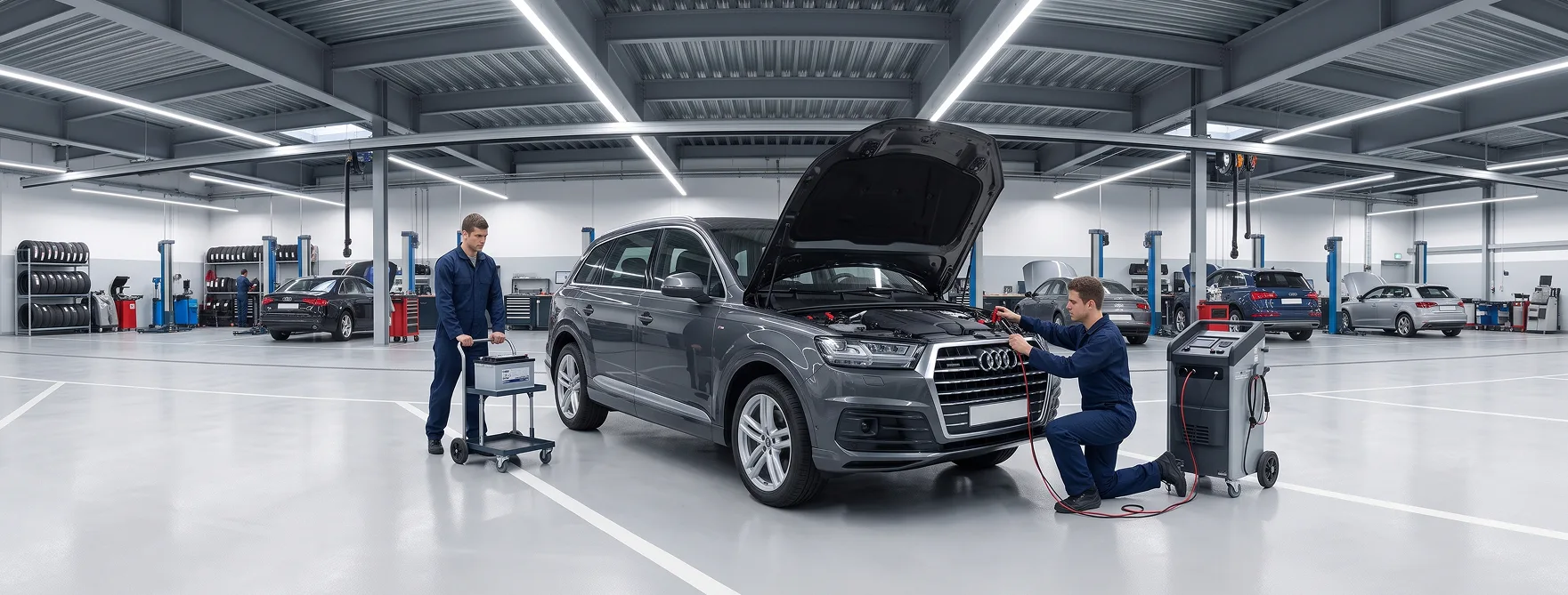 Grey Audi with its hood open in the Audi Stuart service bay while technicians work nearby
