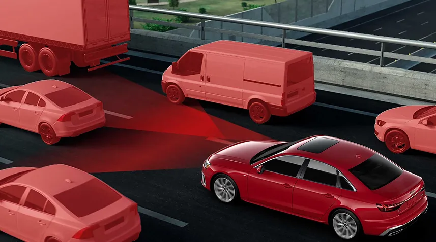 Illustration of adaptive cruise assist tracking the traffic ahead of a red Audi A3