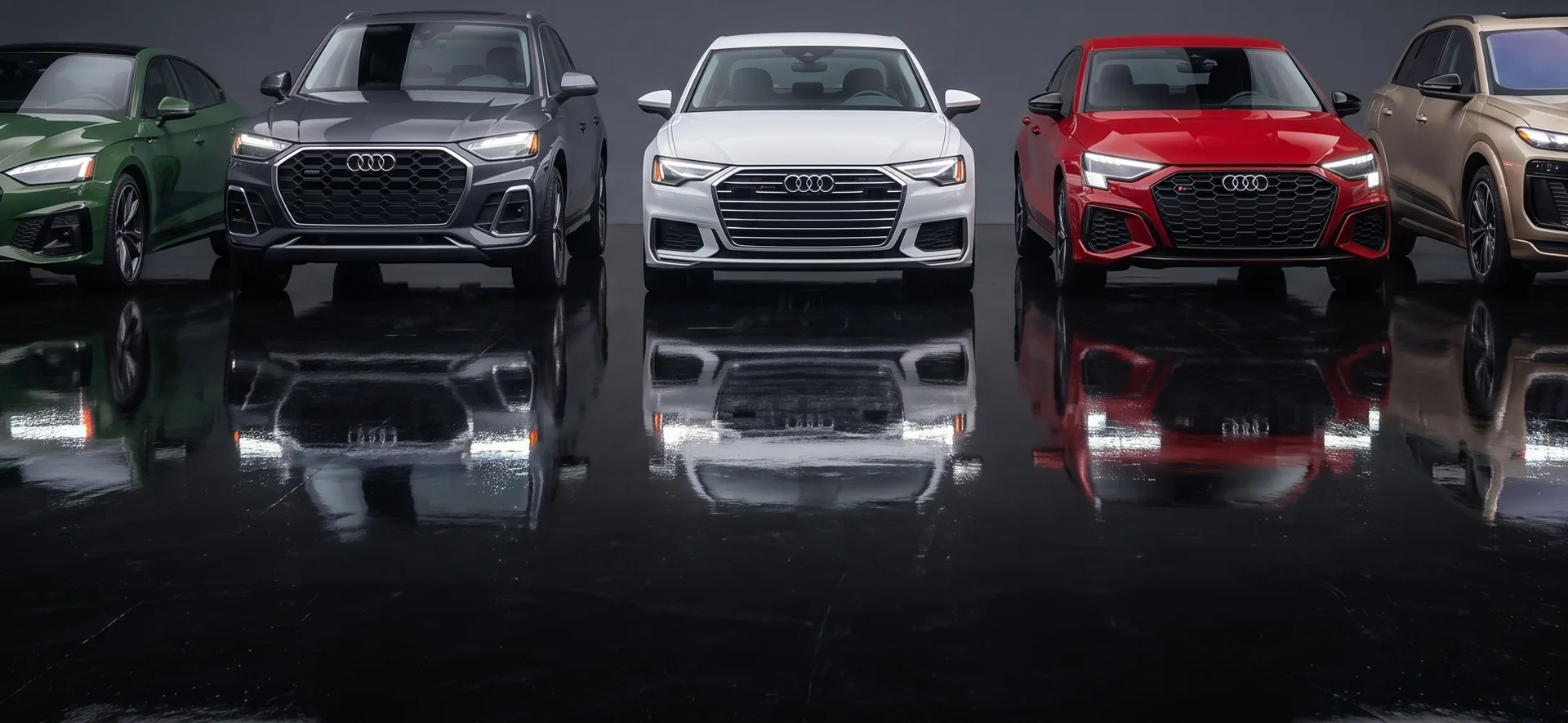 Line-up of Audi models photographed head-on, used as a darkened backdrop