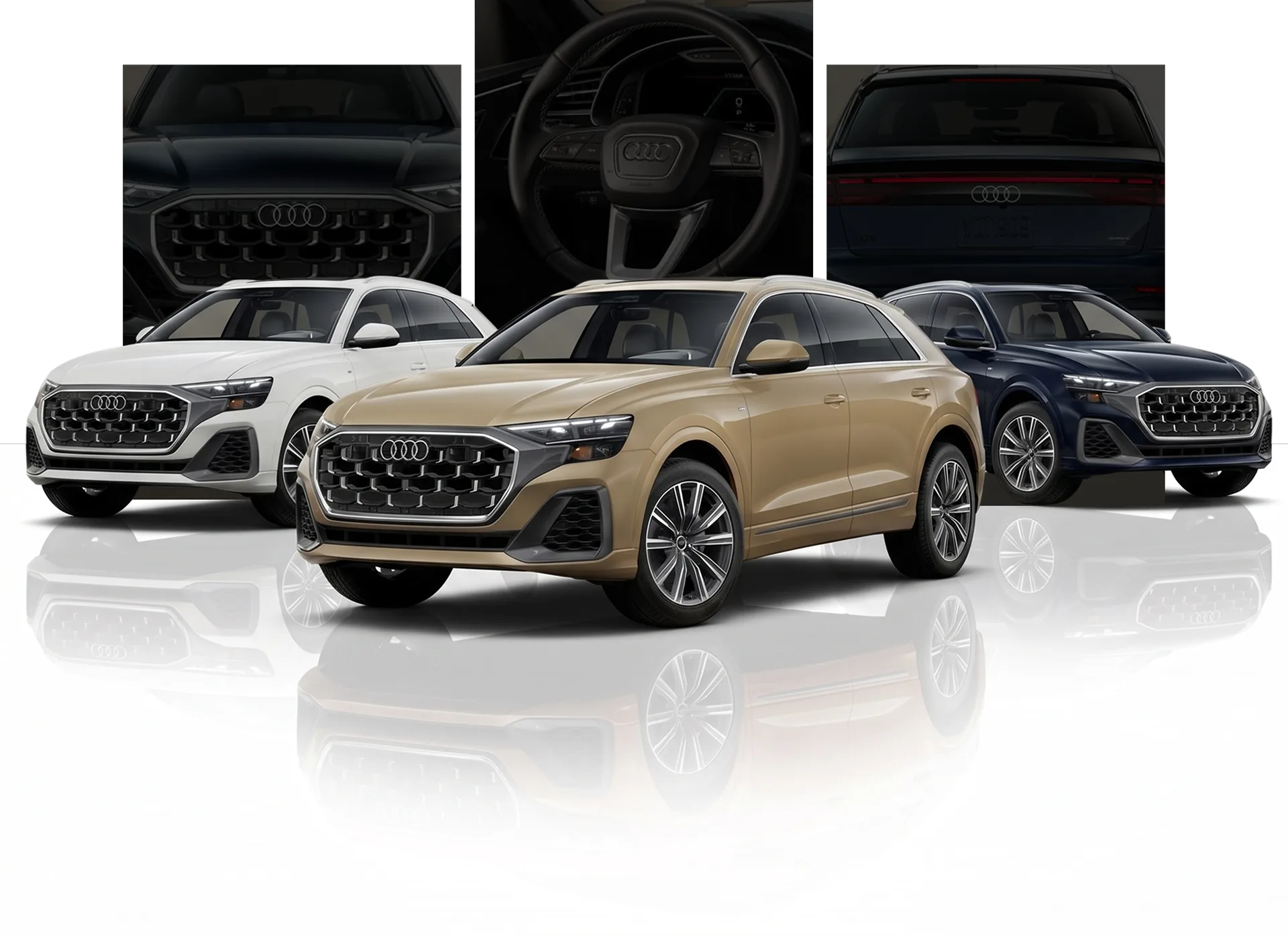 Four 2027 Audi Q8 SUVs in white, beige, blue and grey arranged on a black background