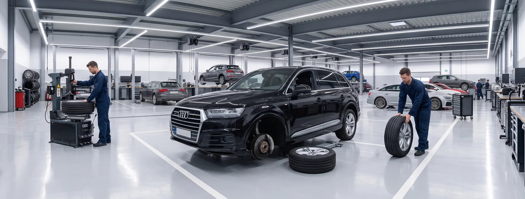 Black Audi in the Audi Stuart workshop with a technician rolling a replacement tire across the bay