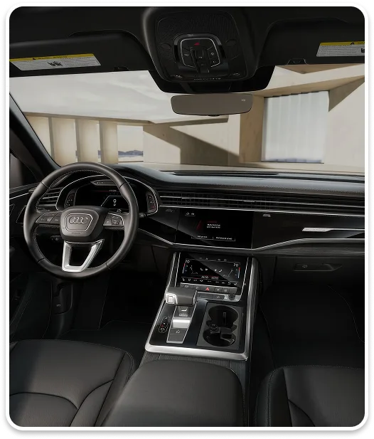 Audi Q8 cockpit with the steering wheel, virtual cockpit and MMI touchscreens