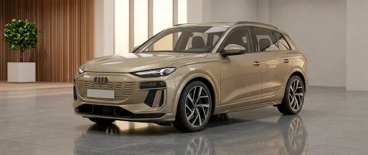 Gold Audi electric SUV parked in a bright showroom