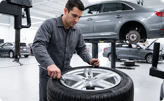 Audi Stuart technician fitting an alloy wheel while a silver Audi sits on the lift behind him