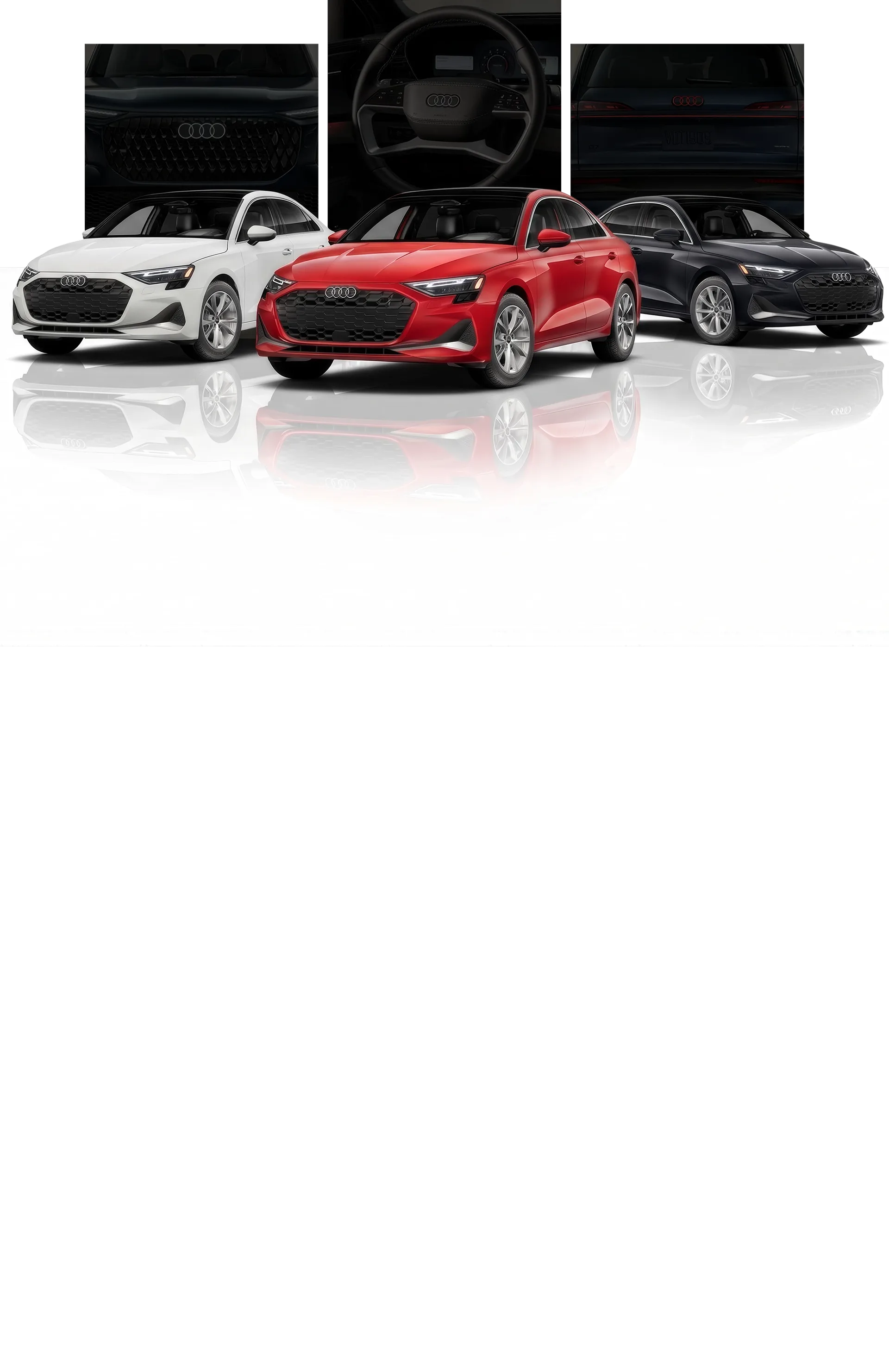 Three 2026 Audi A3 sedans arranged on a black background