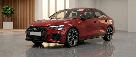 Red Audi sedan parked in a bright showroom