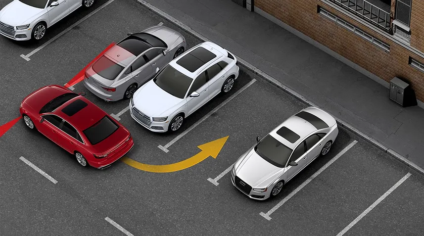 Illustration of park assist plus steering an Audi A3 into a parking space