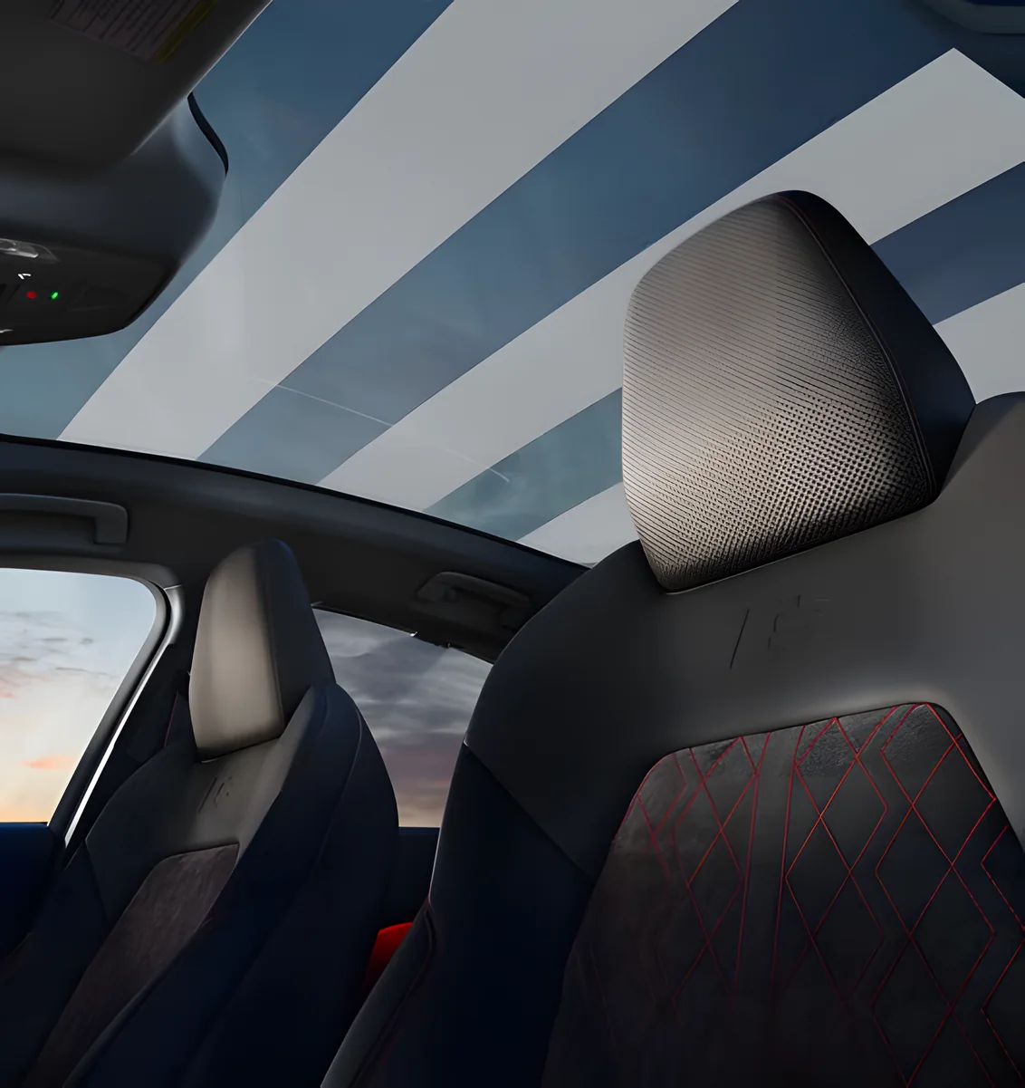 View up through the Audi A5 panoramic glass roof over the front sport seats