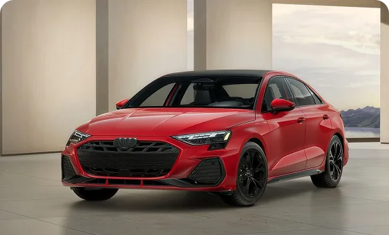 Red 2026 Audi A3 Premium Plus S line plus parked in a studio setting