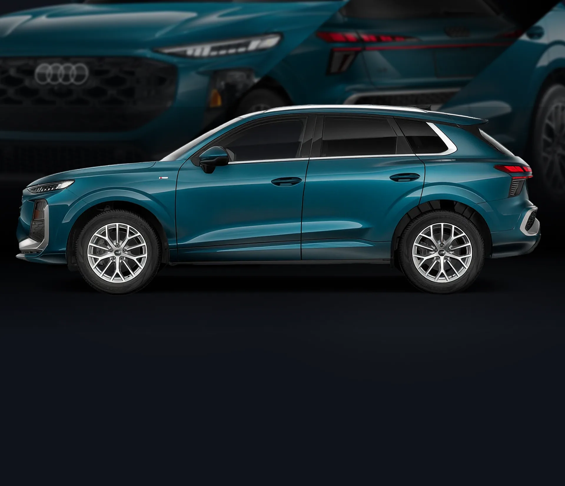 Teal 2027 Audi Q3 shown in profile against a dark backdrop