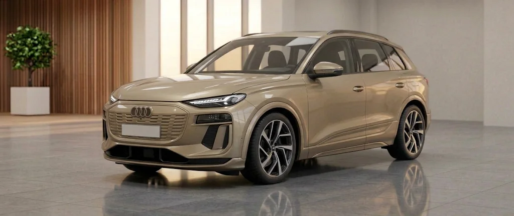 Gold Audi electric SUV parked in a bright showroom