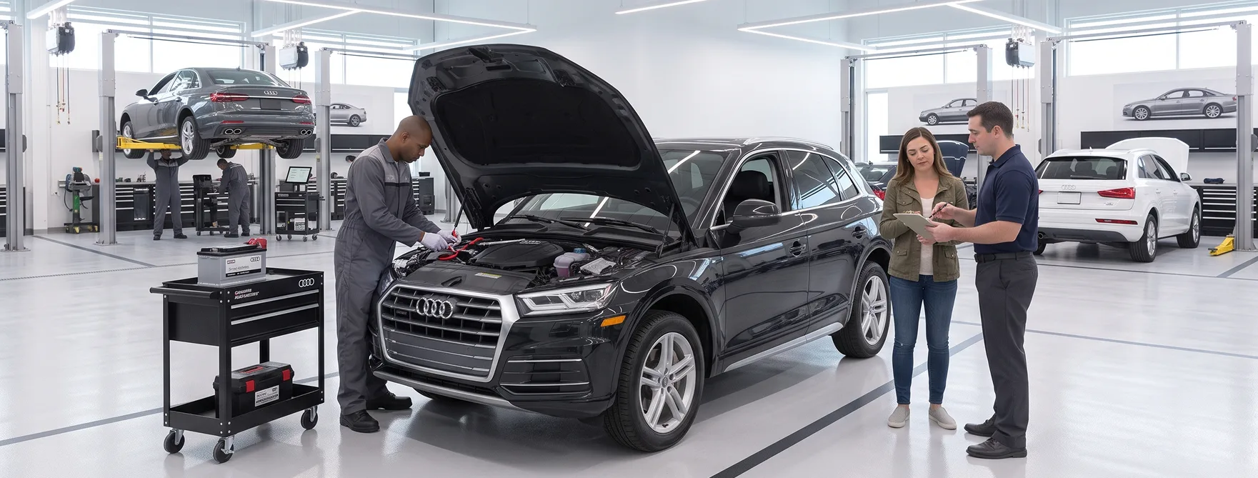 Technician checking the battery of a dark Audi while an advisor speaks with two customers