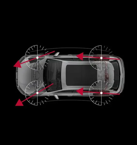 Overhead diagram of the Audi Q8 showing the rear wheels turning for all-wheel steering