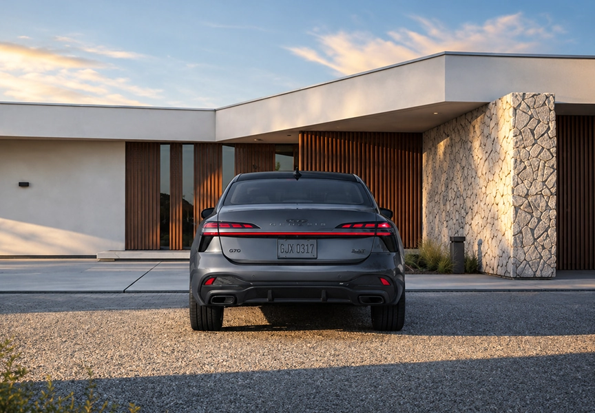 Rear view of a grey Audi A6 Sedan with its OLED taillights lit, parked outside a modern stone house