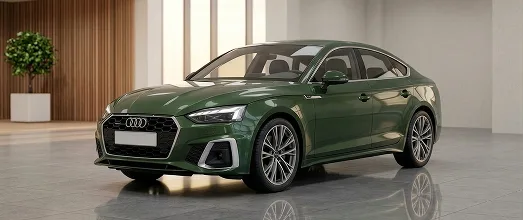 Green Audi hatchback parked in a bright showroom