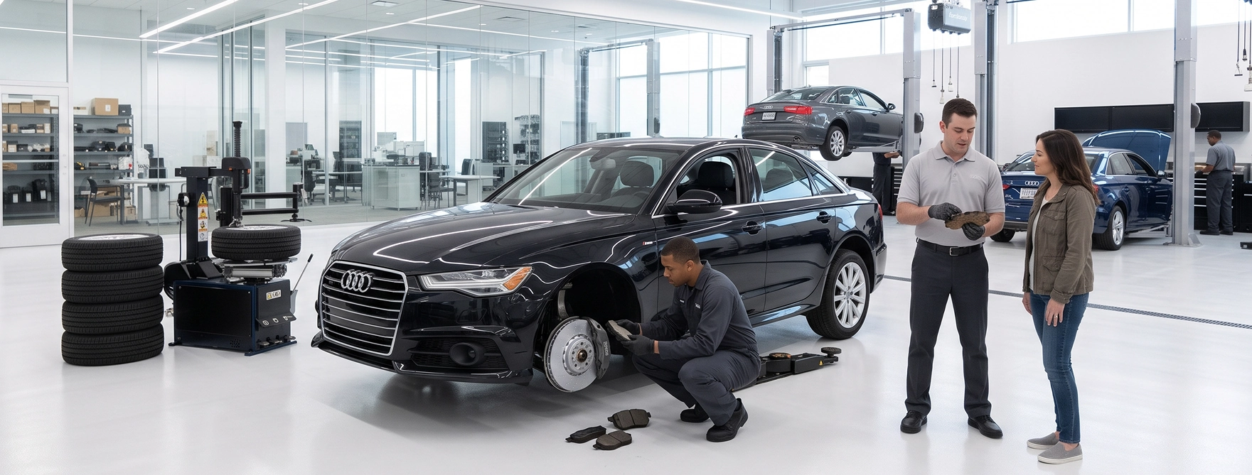 An Audi Stuart technician inspecting the front brake of a black Audi A6 with worn pads laid out on the floor while a service advisor shows a brake pad to a customer beside the car