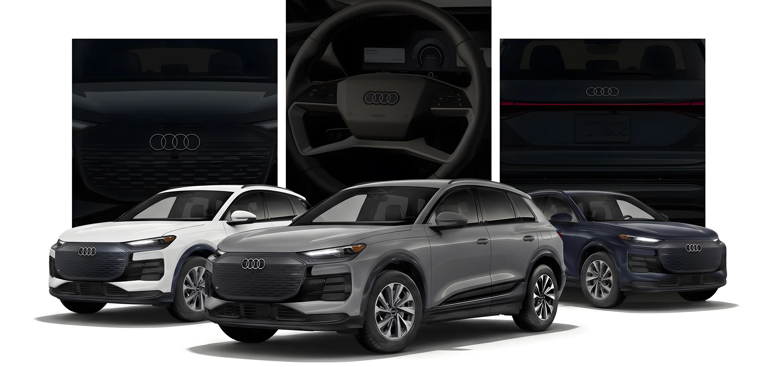 Three 2027 Audi Q6 e-tron SUVs in white, grey and blue below close-ups of the front, steering wheel and rear light strip