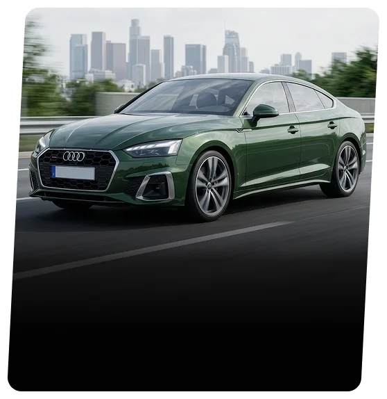 Green Audi hatchback driving on a highway with a city skyline behind
