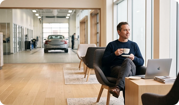 A customer relaxing in an armchair in the Audi Stuart lounge with a coffee cup and an open laptop while his car is serviced in the shop behind him