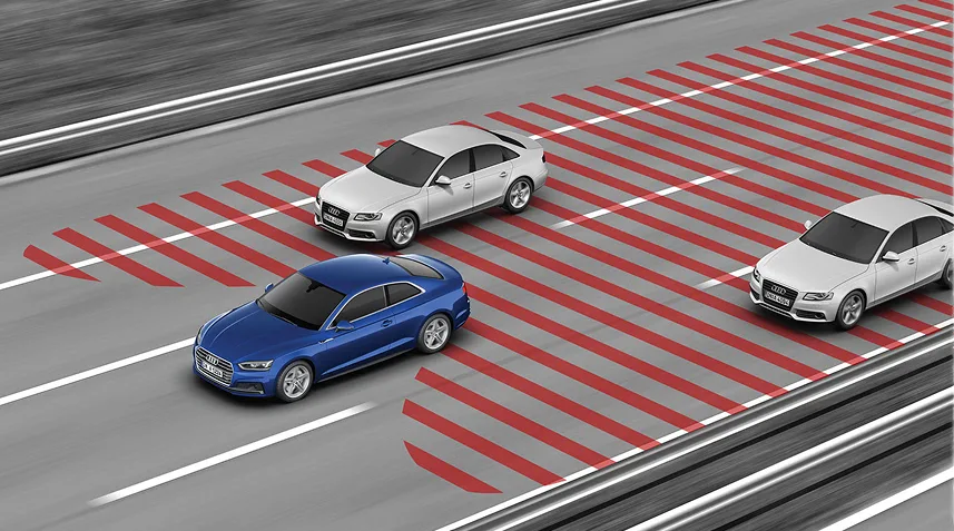 Illustration of side assist monitoring the blind spots either side of a blue Audi A3