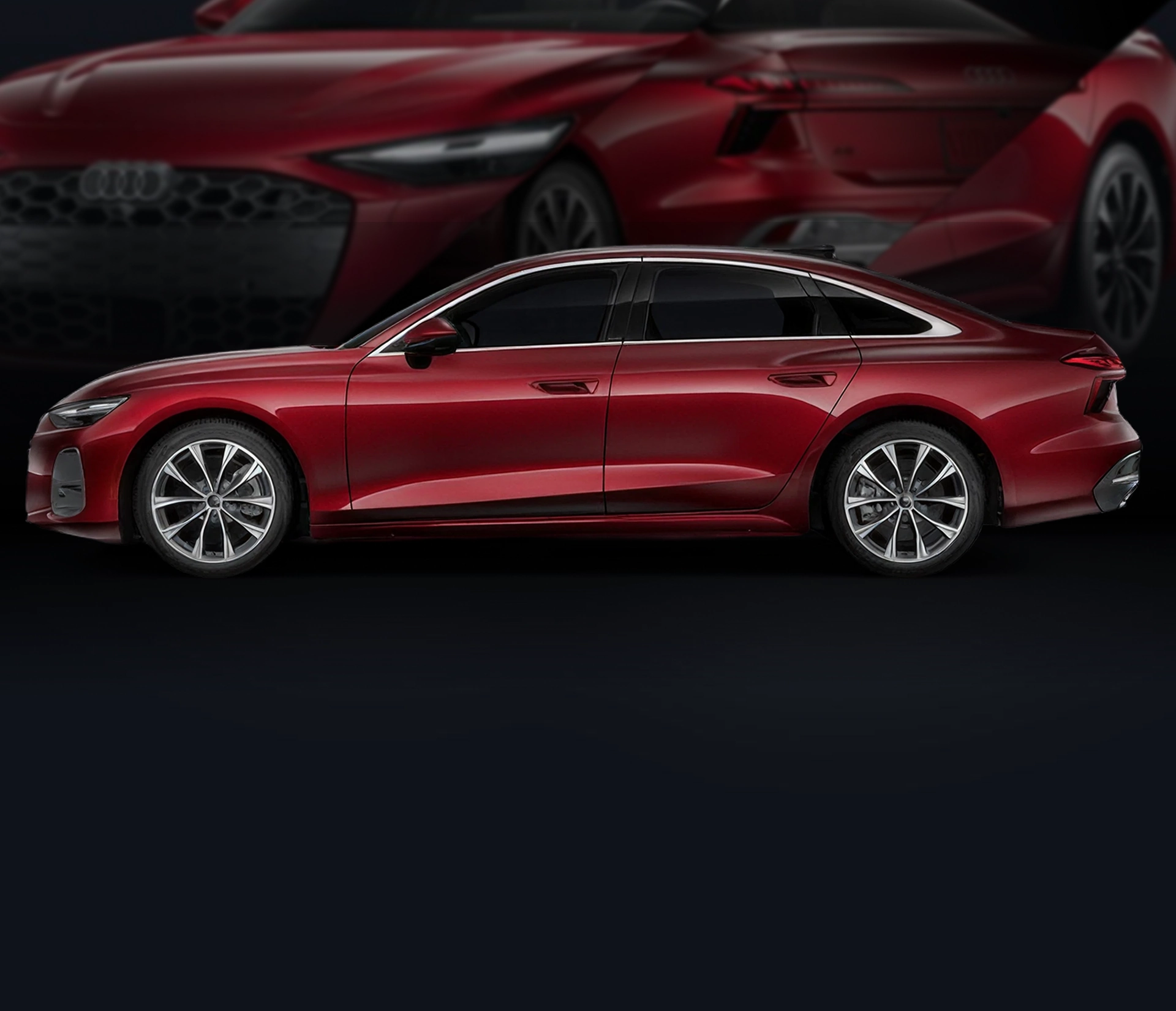 Red 2027 Audi A6 Sedan in profile against a dark backdrop of the same vehicle