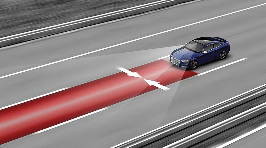 Illustration of lane departure warning highlighting the lane markings around an Audi A3