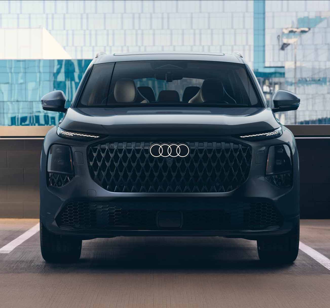 2027 Audi Q7 head-on front view showing the Singleframe grille