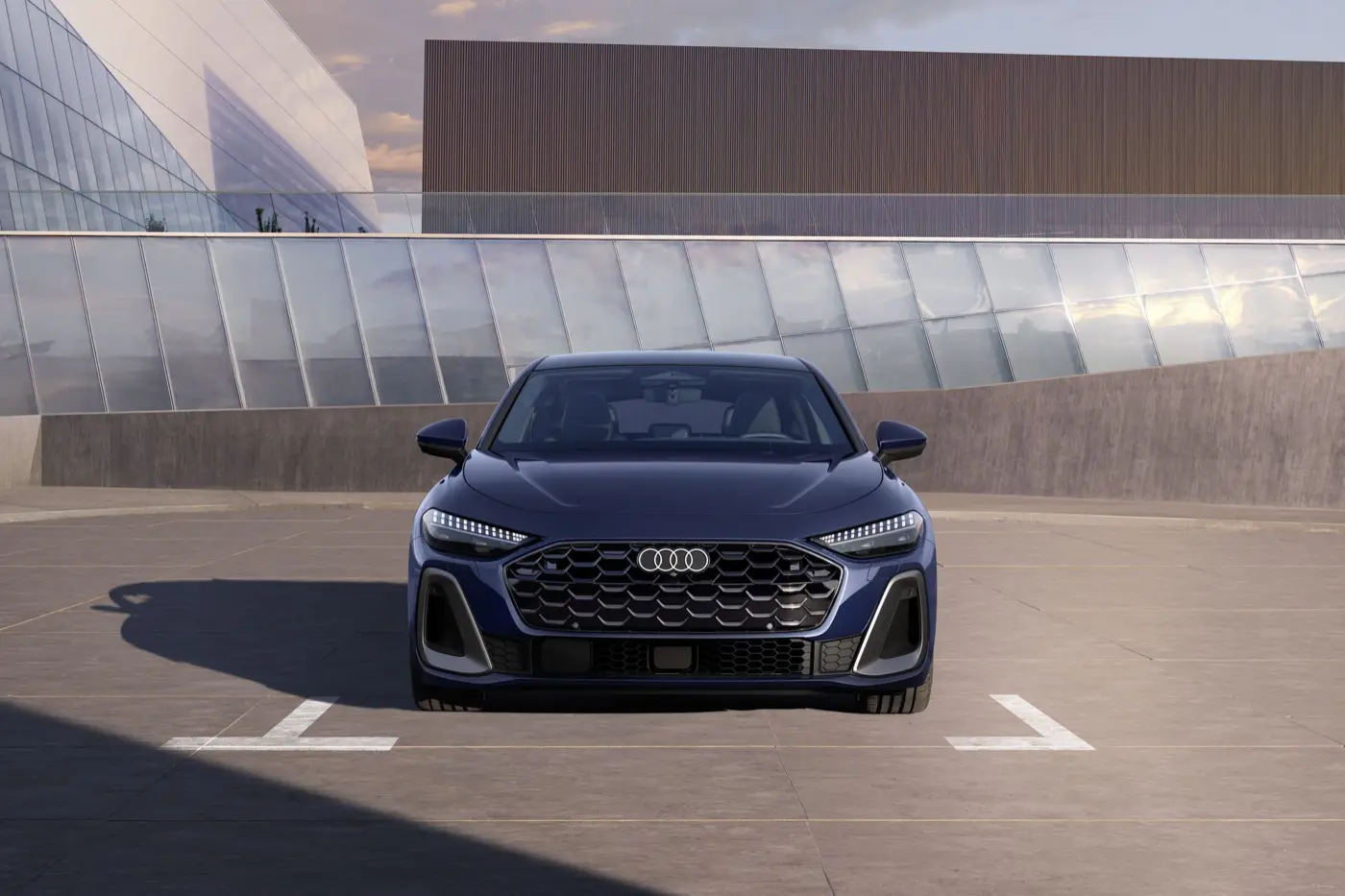 2027 Audi A5 front view showing the Singleframe grille and LED headlights
