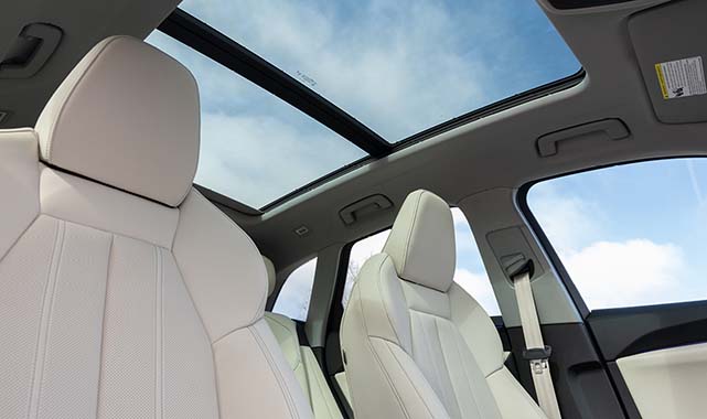 Audi Q5 interior view showcasing the panoramic sunroof.