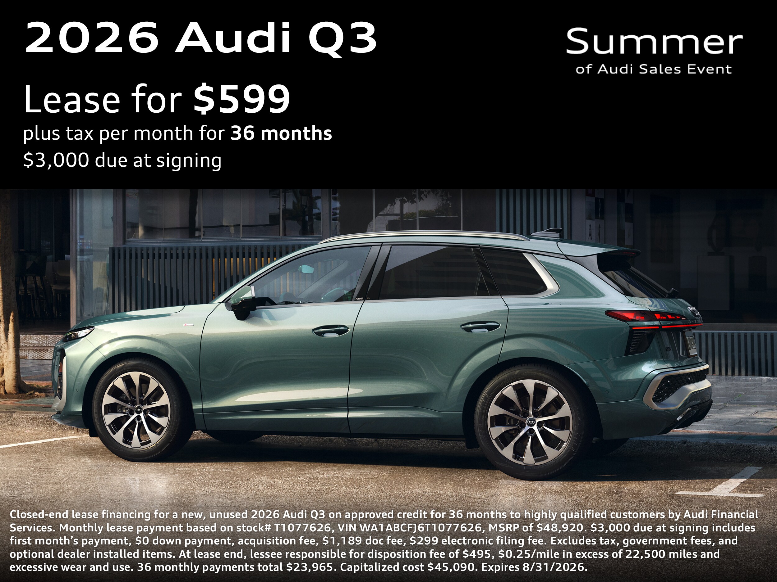 2026 Audi Q3 lease offer, $599 per month