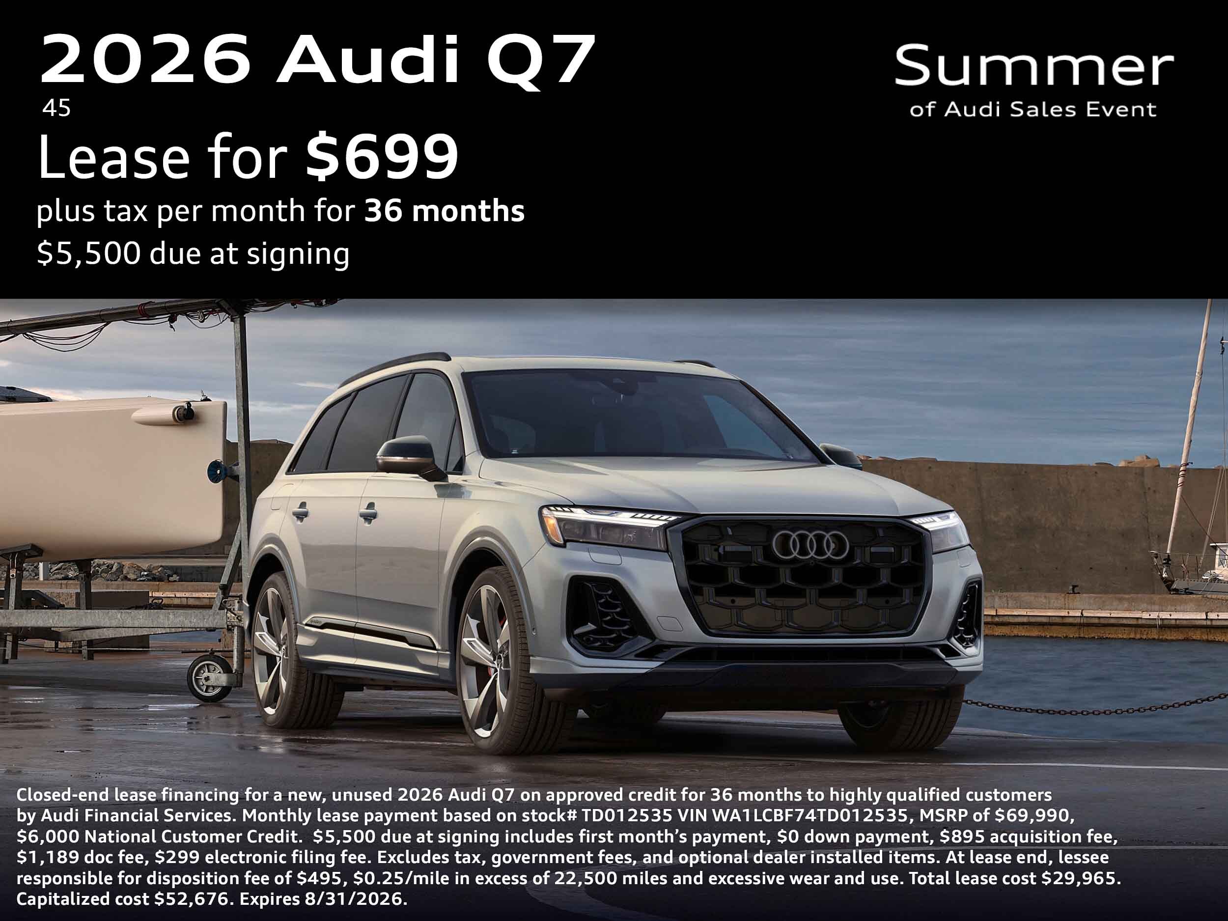 2026 Audi Q7 lease offer, $699 per month
