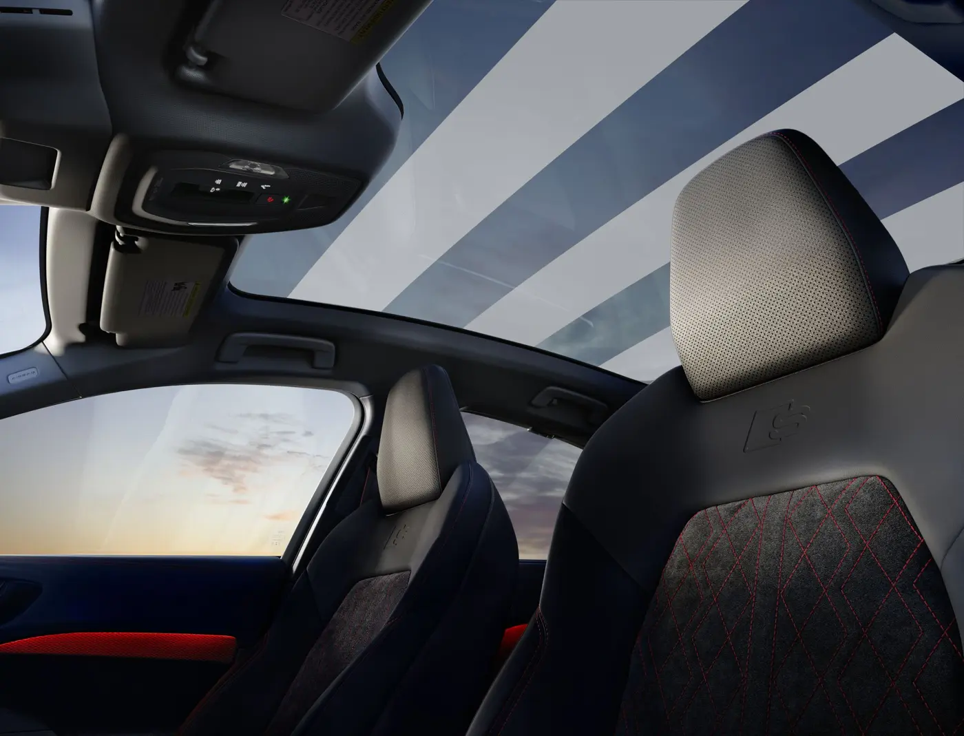 2027 Audi A5 front sport seats with diamond stitching beneath the panoramic glass roof