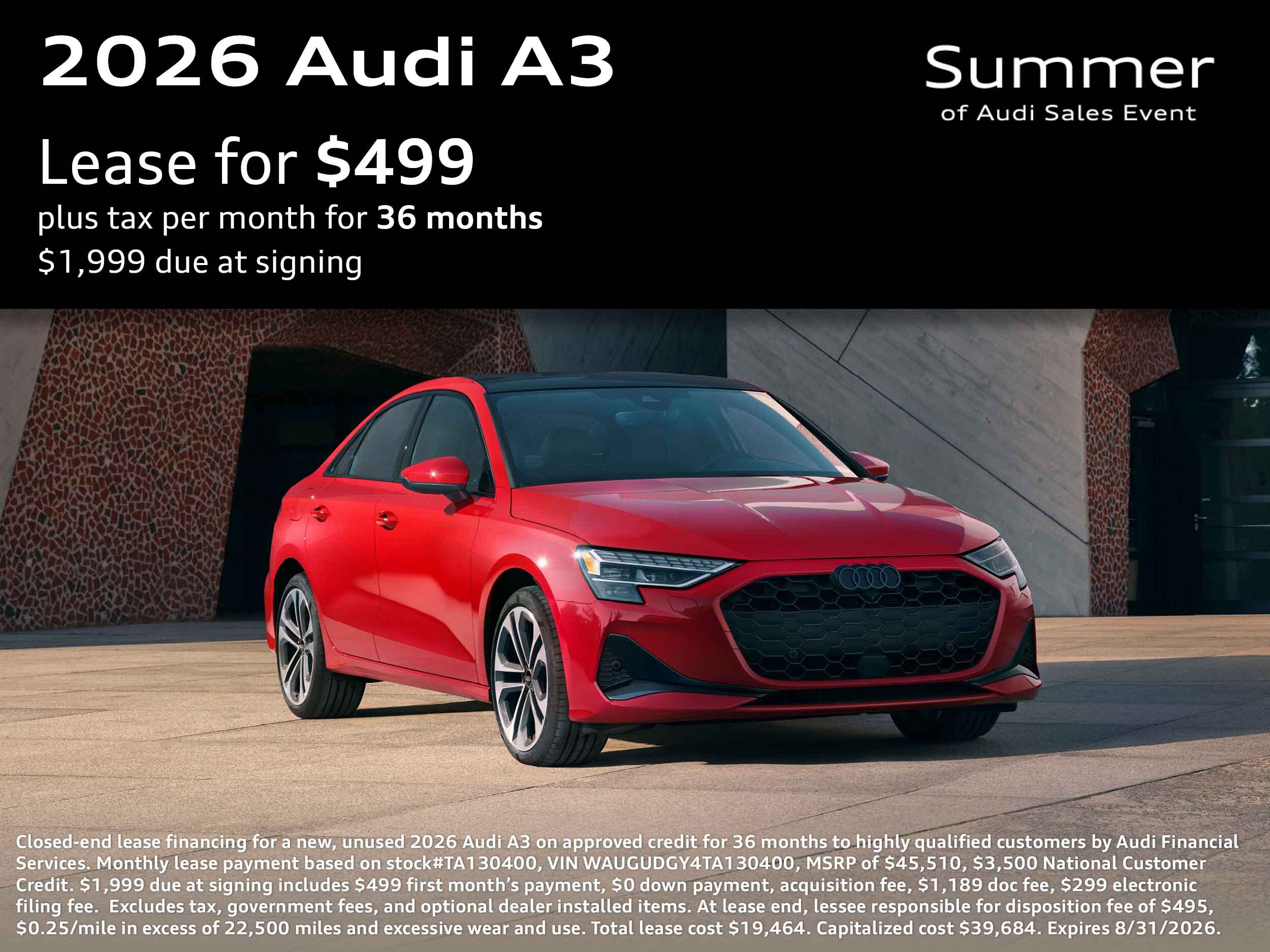 2026 Audi A3 lease offer, $499 per month