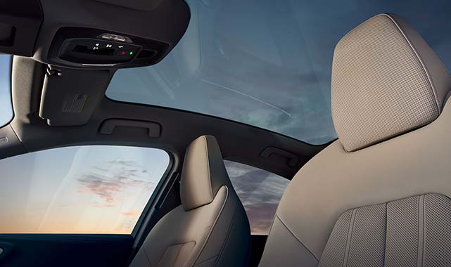 Interior view of the 2025 Audi A5 panoramic glass sunroof and perforated leather seats.