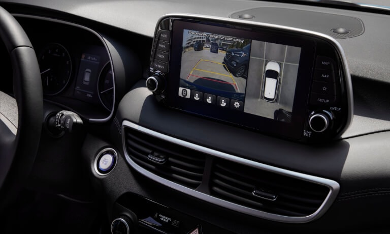 2020 Hyundai Tucson close up of the dashboard screen showing the backup camera