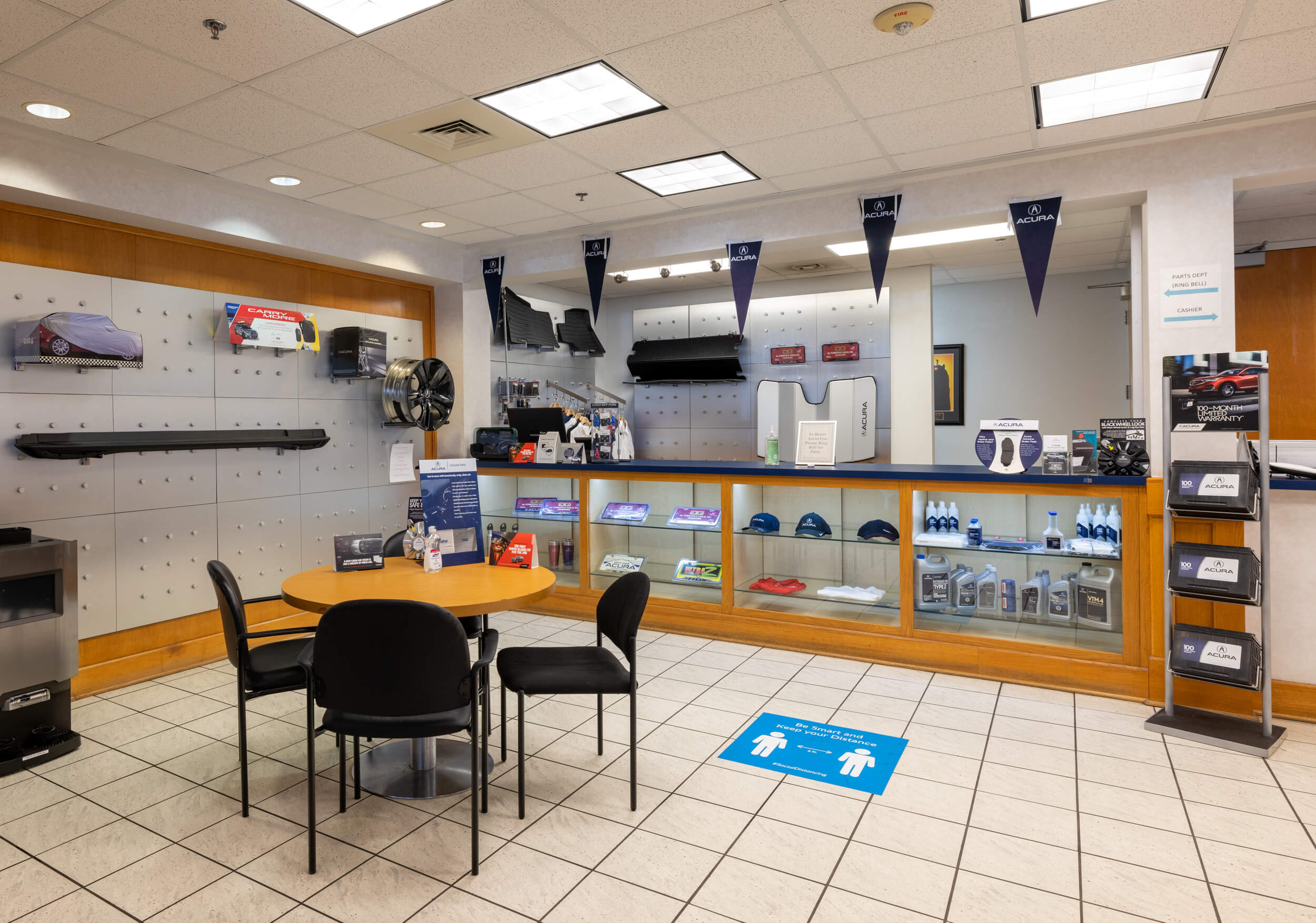 AutoNation Acura Colorado Springs parts center interior view of AutoNation Acura Colorado Springs parts center with various parts on display