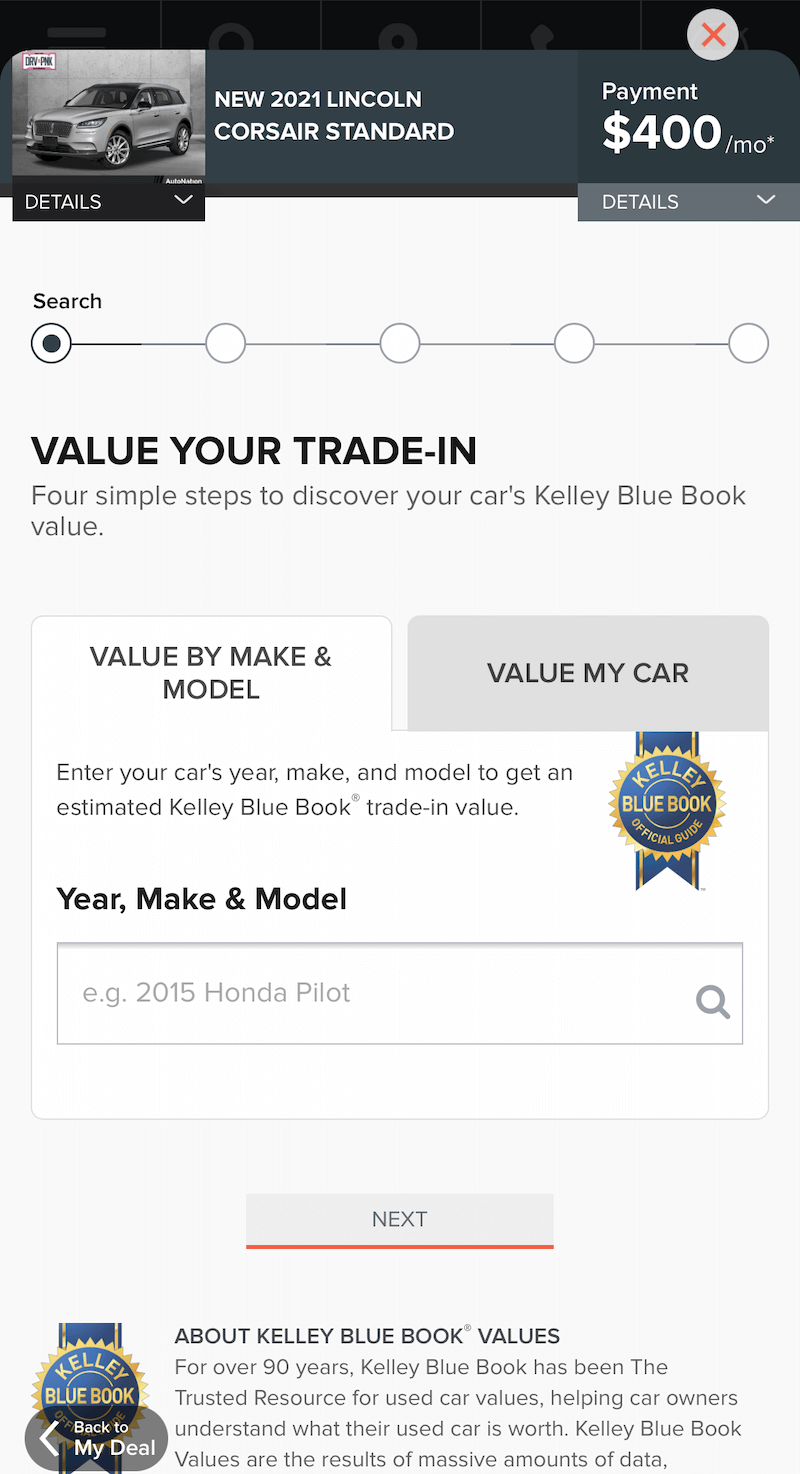 AutoNation Express value your trade-in screen on a mobile device