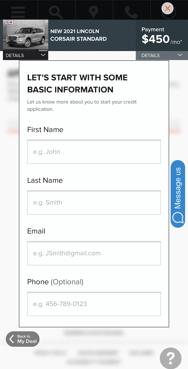 AutoNation Express apply for financing screen on a mobile device