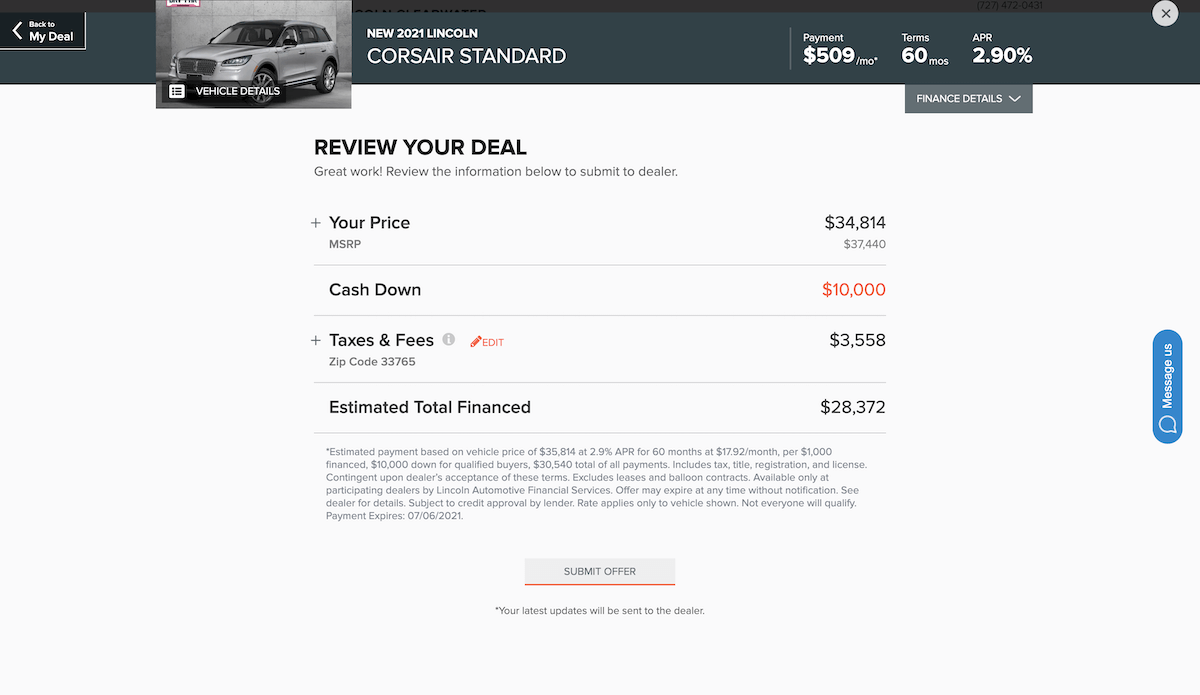 AutoNation Express finalize your deal screen on desktop