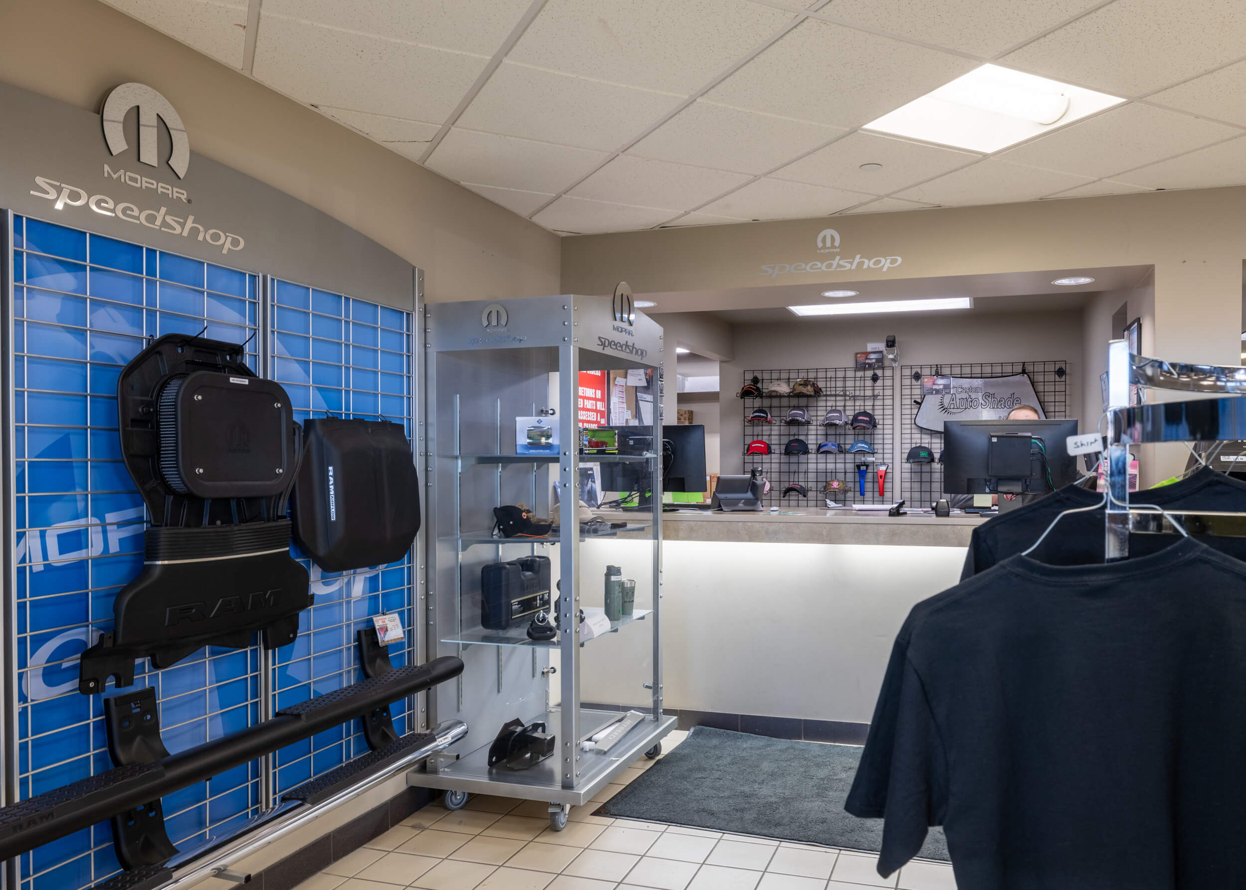 AutoNation Dodge Ram Colorado Springs parts center interior view of AutoNation Dodge Ram Colorado Springs parts center with various parts on display