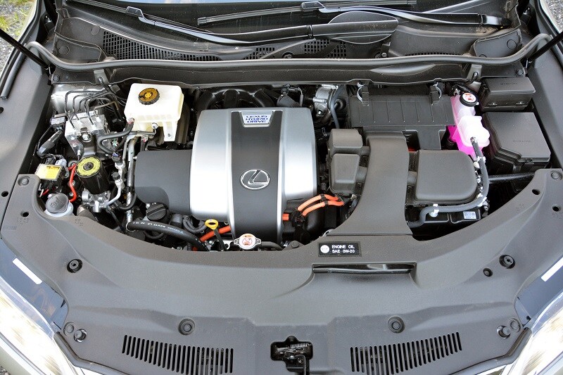 View of the powertrain of the 2020 Lexus RX 450h F Sport