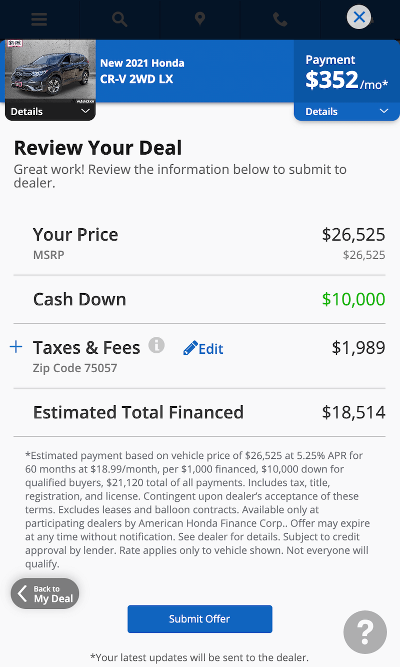 AutoNation Express finalize your deal screen on a mobile device